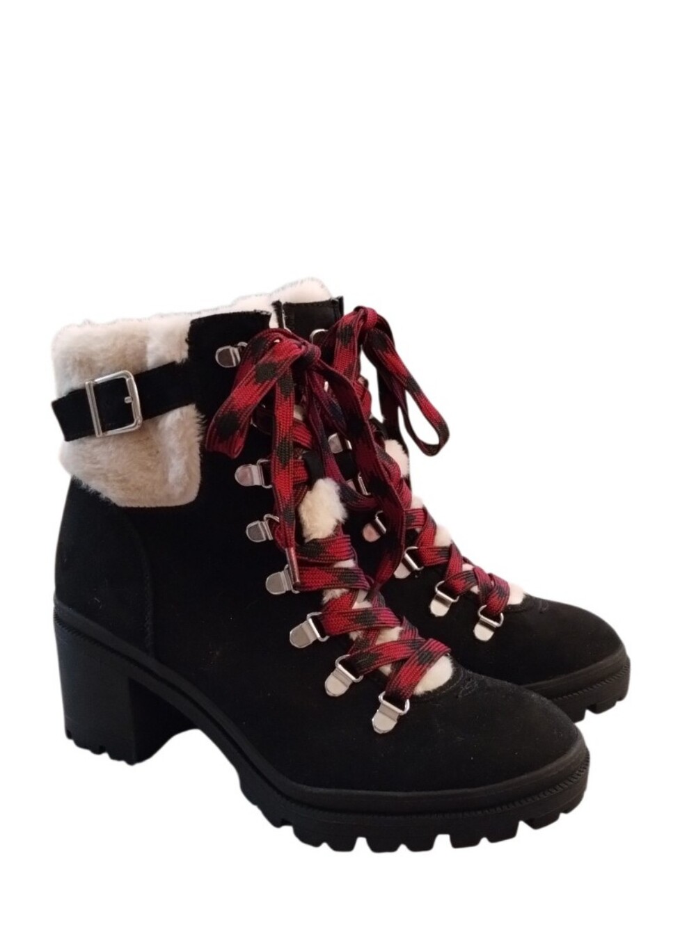 Jellypop Nikkie Black Faux-Suede Lace-Up Ankle Boots with Red Plaid Laces 8M